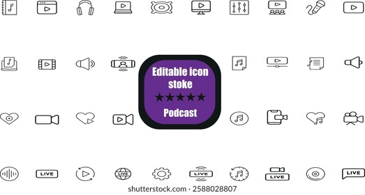 Audio thin line icons. Editable stroke