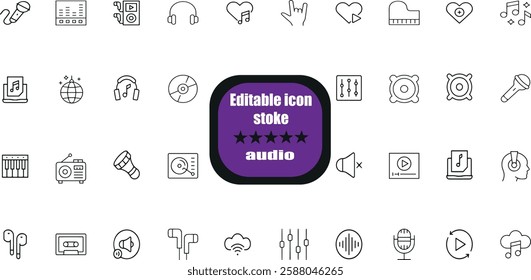 Audio thin line icons. Editable stroke. 