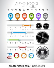 Audio tools design elements collection: pins, music player icons, speakers, bars with values, on off buttons and so on.