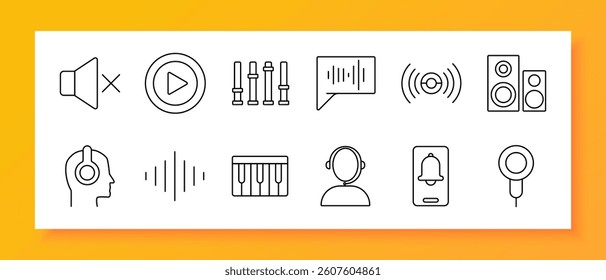 Audio tools set icon. Line icons of muted speaker, play button, sliders, soundwave, speakers, headphones, message bubble, bell, support agent, magnifier on white background