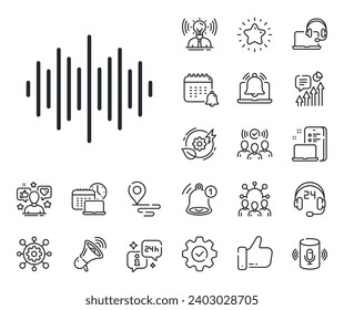 Audio track sign. Place location, technology and smart speaker outline icons. Sound wave line icon. Radio music symbol. Sound wave line sign. Influencer, brand ambassador icon. Vector