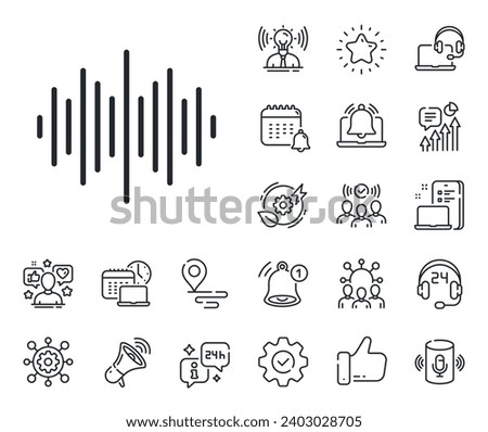 Audio track sign. Place location, technology and smart speaker outline icons. Sound wave line icon. Radio music symbol. Sound wave line sign. Influencer, brand ambassador icon. Vector