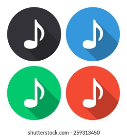 Audio vector icon - colored(gray, blue, green, red) round buttons with long shadow
