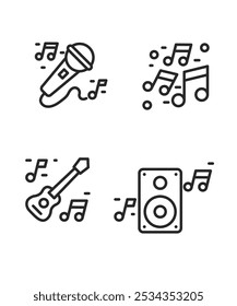 Conjunto de iconos de línea delgada de Vector de audio ilustración de stock. App de escucha de música, almacenamiento de archivos de audio Pictogramas lineales.