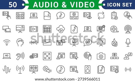 Audio and Vedio icon set. Containing headphones, sound, music, volume, earphones, equalizer and speaker icons. Solid icon collection. Vector illustration.