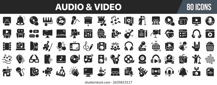 Audio and video black icons collection. Big UI icon set in a flat design. Vector illustration EPS10