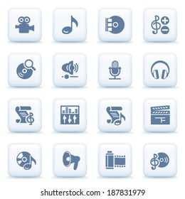 Audio video blue icons on white buttons.