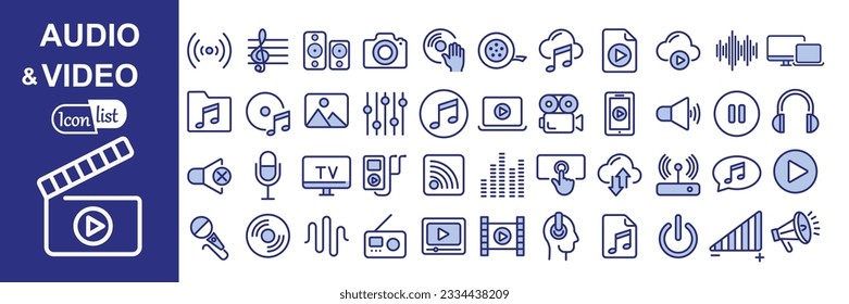 Conjunto de iconos de color Audio Video. Conjunto de colección de iconos de línea. Música, cine, archivo, canción, película y más. Iconos vectoriales simples. Ilustración del vector