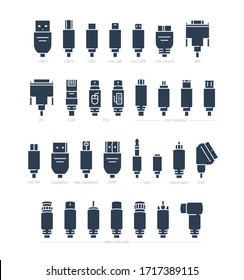 Audio, Video and Computer Cable Connectors Vector Icon Set in Glyph Style