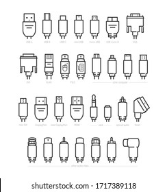 Audio, Video and Computer Cable Connectors Vector Icon Set in Outline Style