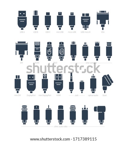 Audio, Video and Computer Cable Connectors Vector Icon Set in Glyph Style