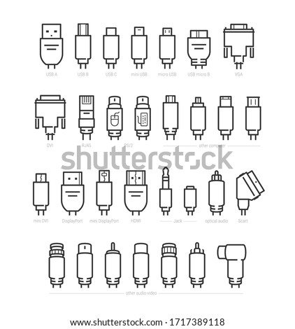 Audio, Video and Computer Cable Connectors Vector Icon Set in Outline Style Foto d'archivio © 