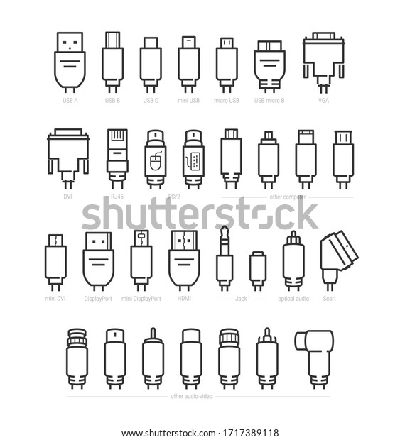 Audio, Video and Computer Cable Connectors Vector\
Icon Set in Outline\
Style