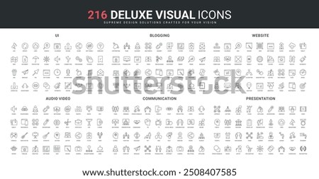 Audio and video content, business presentation line icon set. Search for trends and advertising of blogging, responsive interface and website development thin black outline symbols vector illustration