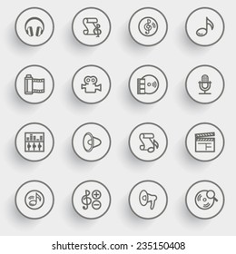 Audio video contour icons with buttons on gray background.