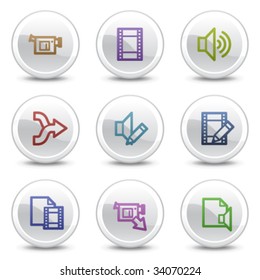 Audio-Video-Editing Web-Farbsymbole, Serie der weißen Kreis-Schaltflächen