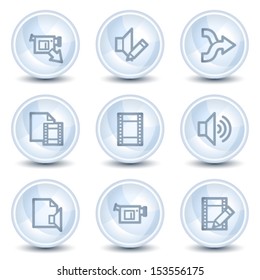 Audio video edit  web icons, light blue glossy circle buttons