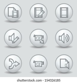 Audio video edit  web icons, circle white matt buttons