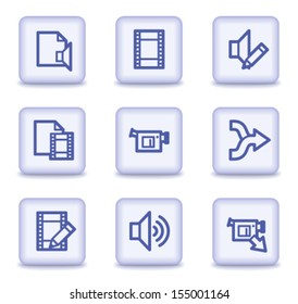 Iconos web de edición de vídeo de audio, botones brillantes de color violeta claro
