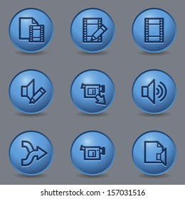 Iconos web de edición de vídeo de audio, botones azul circular