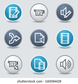 Iconos web de edición de vídeo de audio, botones azul circular