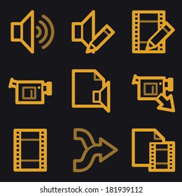 Iconos web de edición de vídeo de audio, conjunto de líneas doradas