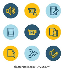 Iconos web de edición de vídeo de audio, botones de círculo azul y amarillo