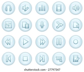 Iconos web de edición de audio y vídeo, series de botones de círculo azul claro