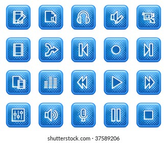 Iconos web de edición de vídeo de audio, botones cuadrados azules con puntos
