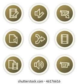 Iconos web de edición de vídeo de audio, series de botones de círculo marrón