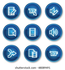 Iconos web de edición de vídeo de audio, botones de círculo azul