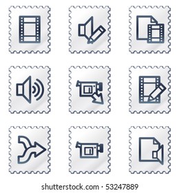 Audio-Video-Editing-Web-Symbole, weiße Stempel-Serie