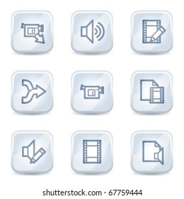 Iconos web de edición de vídeo de audio, botones brillantes blancos