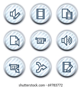 Audio video edit  web icons, stripped light blue circle buttons