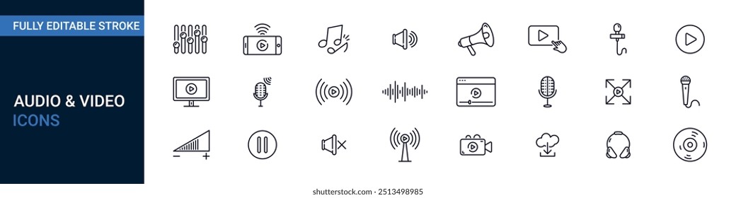 Audio- und Video-bearbeitbare Zeilensymbole-Sammlung. Podcast, Musik, Stimme, Streaming, Mikrofon-Icons Sammlung. Vektorgrafik.