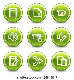 Web-Symbole für die Audio-Videobearbeitung, Reihe von grünen Glossar-Kreisfeldern