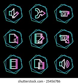 Audio and video editing web icons, neon contour series