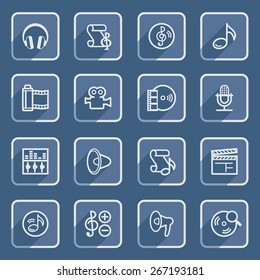 Audio video flat contour icons with blue buttons.