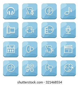 Audio video flat contour icons on blue buttons.