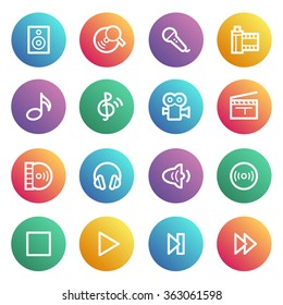 Audio video flat contour icons on colors buttons.