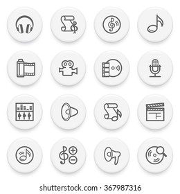 Audio video flat contour icons on white buttons.