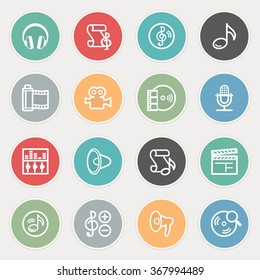 Audio video flat contour icons on color buttons.