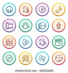 Audio video flat contour icons on color stickers.