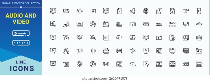 Audio And Video icon collection. It contains symbols to film, entertainment, multimedia, camera, media and more. Web icons pack. Music vector icon set. Editable stroke vector art.
