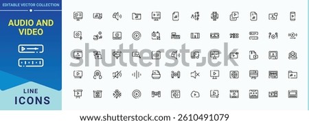 Audio And Video icon collection. It contains symbols to film, entertainment, multimedia, camera, media and more. Web icons pack. Music vector icon set. Editable stroke vector art.