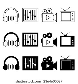 Audio and video icon illustration collection. Black and white design icon for business. Stock vector.
