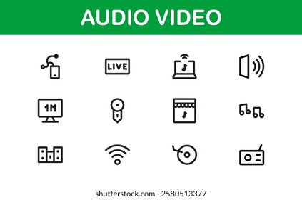 Audio Video Icon Pack. Scalable Illustrations for Music, Film, Podcasting, and Content Creation Needs