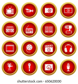 Audio and video icon red circle set isolated on white background