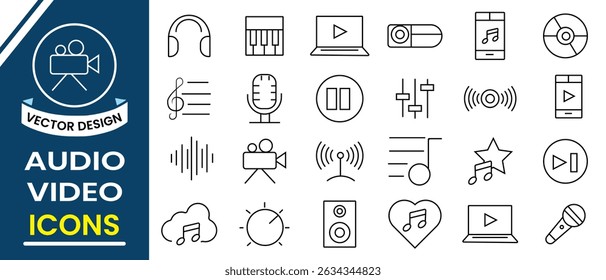 Audio and video icon set collection. Line icon collection set of audio and video symbol and sign.  Contains icons such  as music, cinema, file, song, radio, microphone, speaker. Vector illustration.