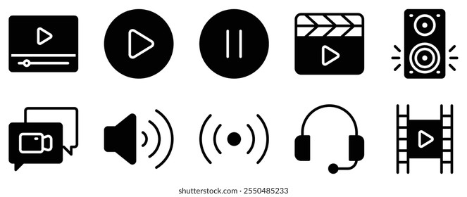 Audio and Video Icon Set Dynamic Solid Style Collection for Multimedia Experiences